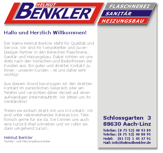 Helmut Benkler Flaschnerei Sanitr Heizungsbau Aach-Linz